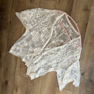 Beige Womens Short Embroidered Lace Crop kimono cover with Half Sleeves